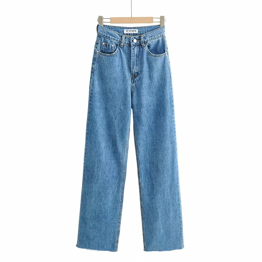 New Women's Raw Hem High Waist Denim Trousers