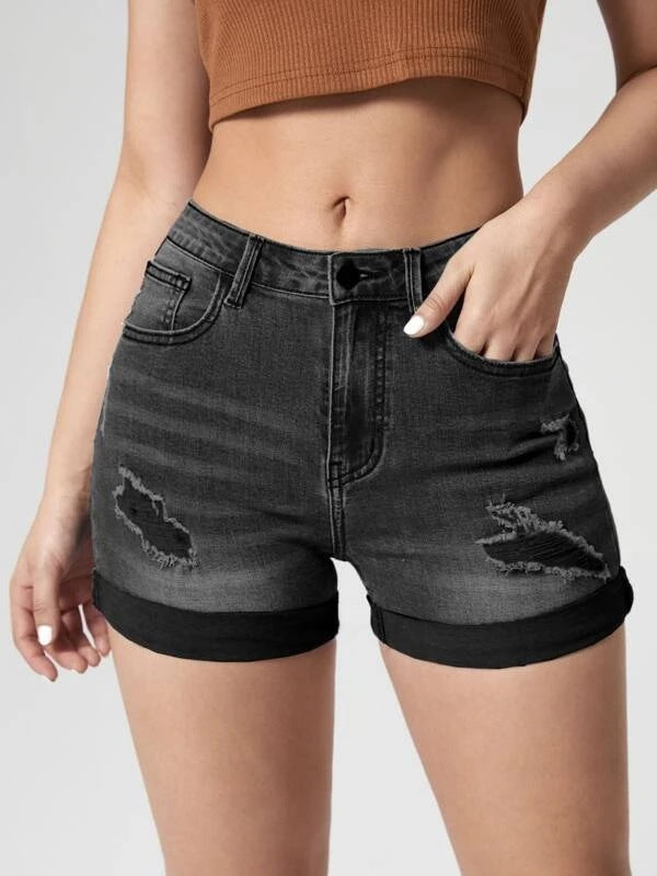 Women's Fashion Holes Curling High Elastic High Waist Denim Shorts