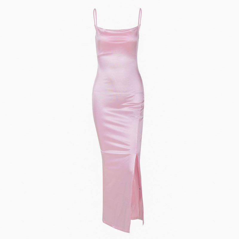 Solid Color Style Satin Sling Mid Split Dress Women