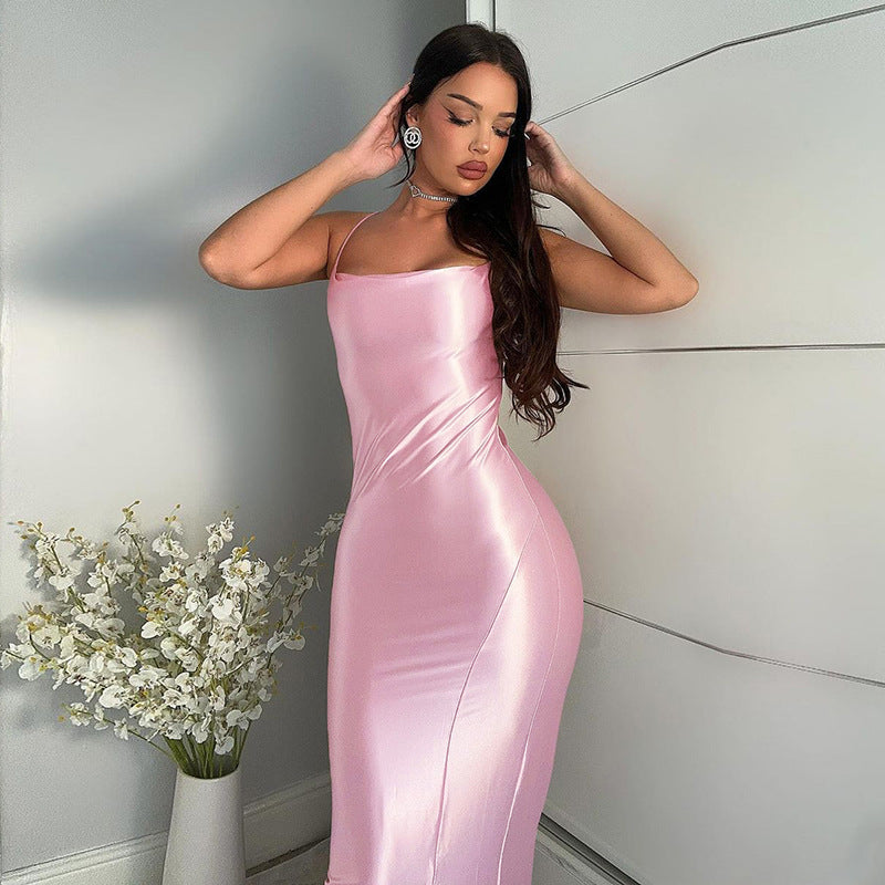 Solid Color Style Satin Sling Mid Split Dress Women