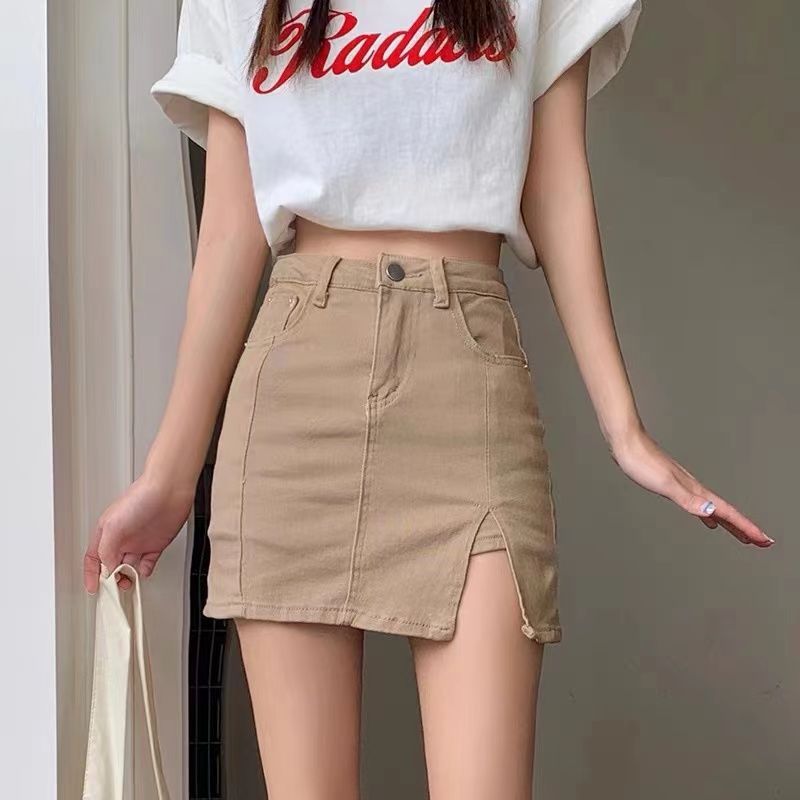 Summer New High Waist A- Line Slimming Sexy Slit Skirt