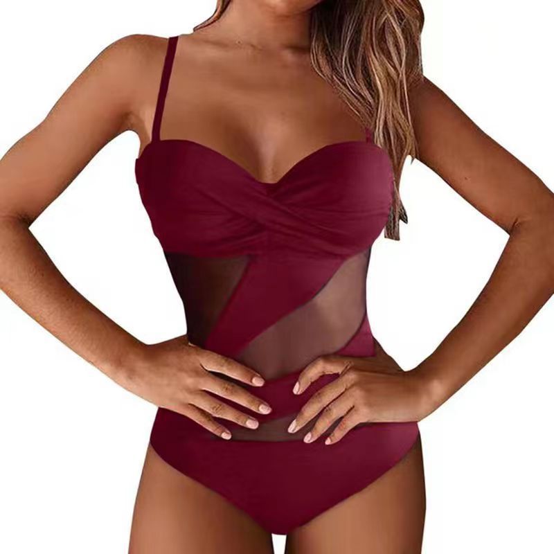 Solid Women's Mesh Panel Cutout One Piece Swimwear Bikini