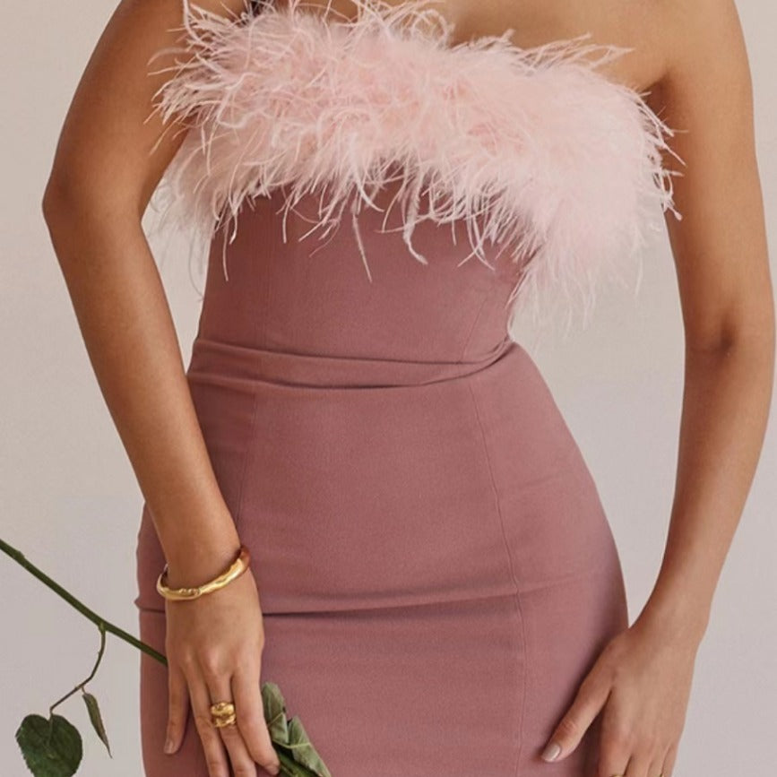 Off-shoulder Evening Dress Feather Socialite Dress